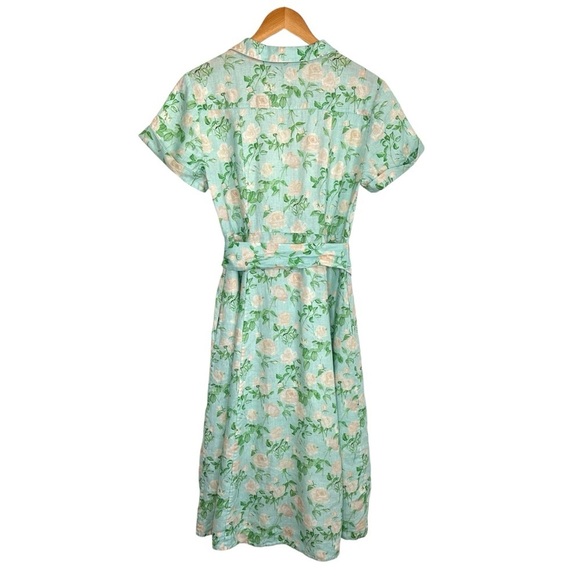Hill House Lily Midi Floral Linen Dress Sz Small Blue Roses Belted Button Up - Picture 3 of 7